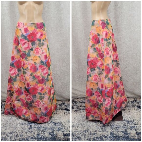 Cache Vintage Satin Taffeta Floral Pink and Orange Women's Maxi Skirt - Picture 5 of 12